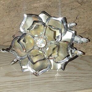 Vintage Pin Floral Large Silver Tone Brooch 1950 Yellow Accent Rhinestone Center